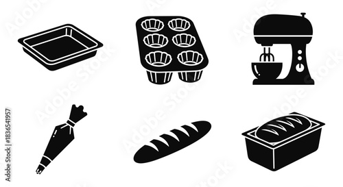 Baking essentials silhouette icons: tools and ingredients for home bakers
