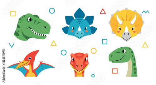 Colorful dinosaur character faces with geometric elements