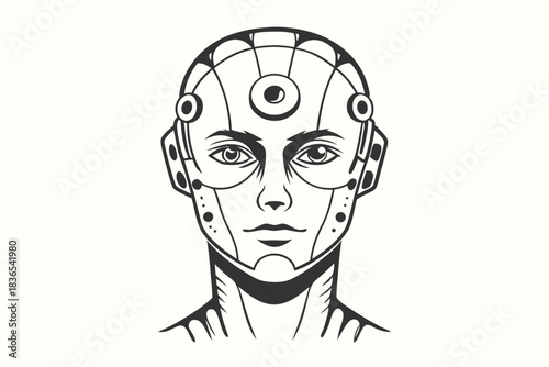 Monochrome android with symmetrical lines and geometric shapes looks forward with stars radiating outwards