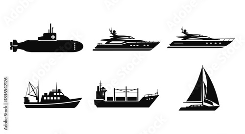 Nautical silhouettes of various ships and submarine