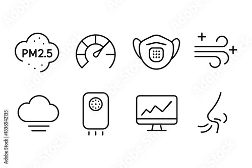 Air quality monitoring and protection icons in linear style