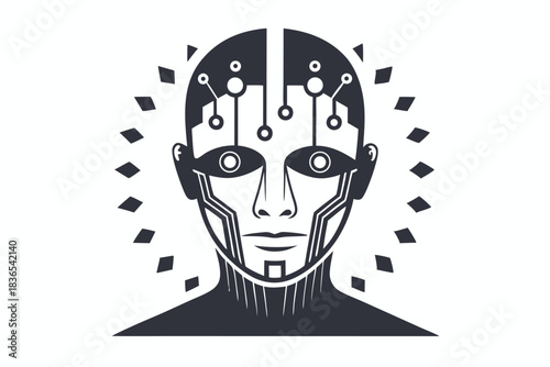 Black and white cyborg shows digital circuit integrations with futuristic eye design elements around the face
