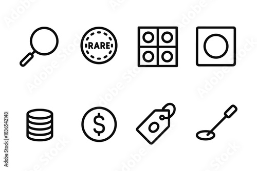 Minimalist line icons: search, coin, rare, grid, circle, stack, currency, tag, detection