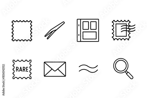 Stamp collecting icons: linear style mail, album, and magnifying glass