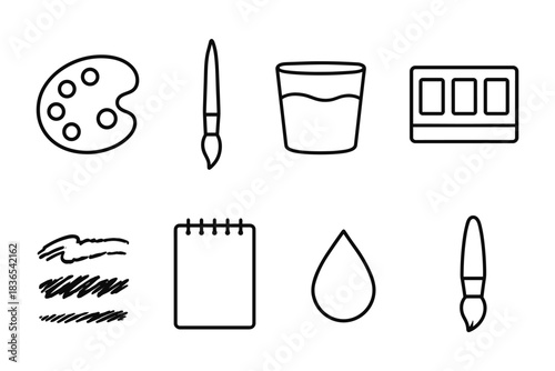 Minimalist art tools icons collection: paintbrush, palette, sketchpad, watercolor