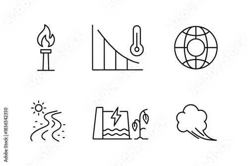 Environmental line icons set featuring climate change and renewable energy