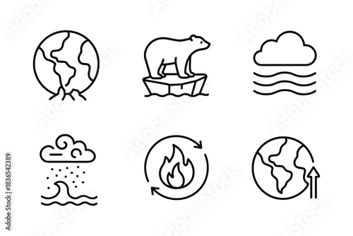 Climate change icons: global warming and environmental symbols in linear style