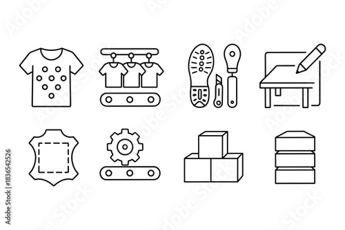 Line art icons representing t shirt production process