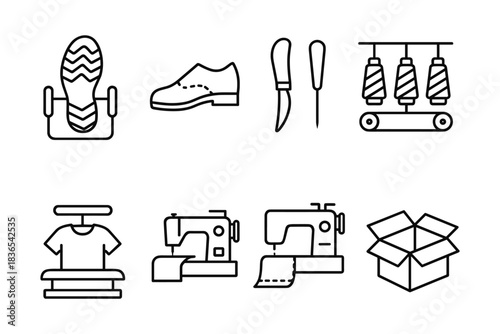 Shoe making line art icons: tools, machines, and processes in footwear production