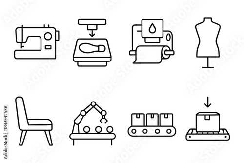 Line art icon set of sewing, manufacturing, and automation tools
