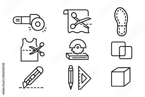 Cutting tools and shapes icons with outline design for crafting and design