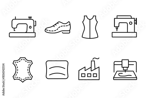 Sewing machine and leatherworking icons in linear style for fashion industry