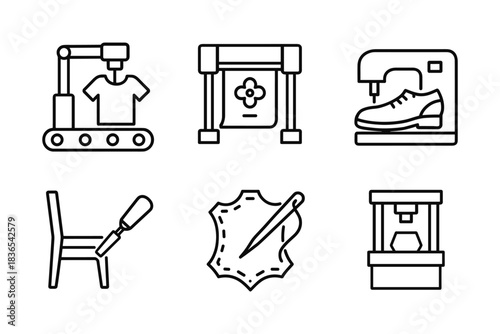 Manufacturing icons set featuring apparel, embroidery, footwear, furniture, leatherwork, and 3d printing