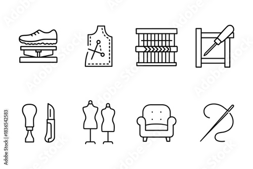 Shoe repair and tailoring outline icons: tools and fashion craft symbols