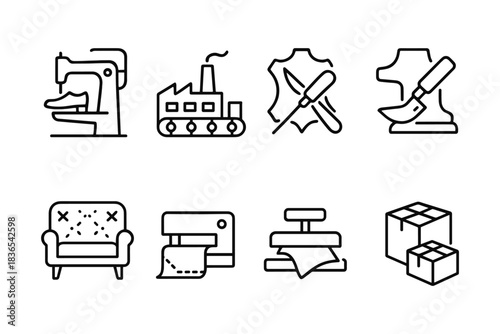 Linear icons of shoe and leather manufacturing process