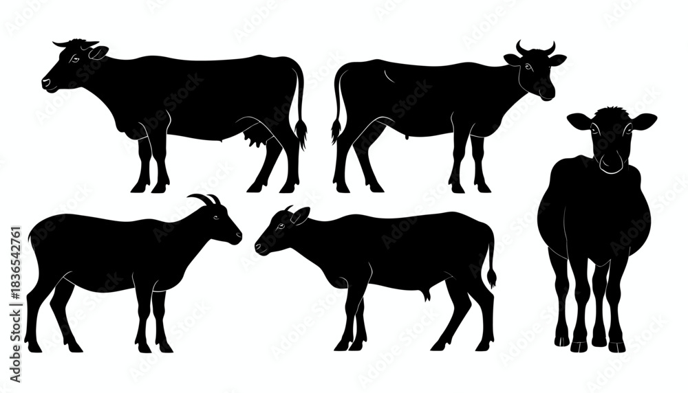 Fototapeta premium Silhouette Vector Collection of Cows and Goats in Minimal Farm Animal Illustration