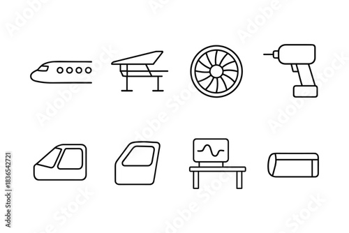 Linear icons of aircraft, engine, and tools for aviation and engineering