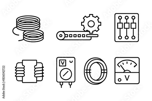 Electrical components icons: cable, circuit board, machine parts in linear style