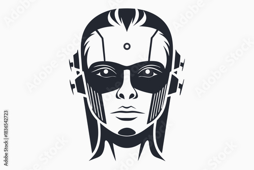 Black outlined humanlike robot's face showing futuristic design with multiple electronic connection lines around its head