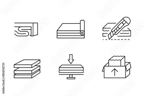 Linear icons of drywall tools and steps