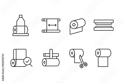 Minimal line icons of various paper products and packaging designs