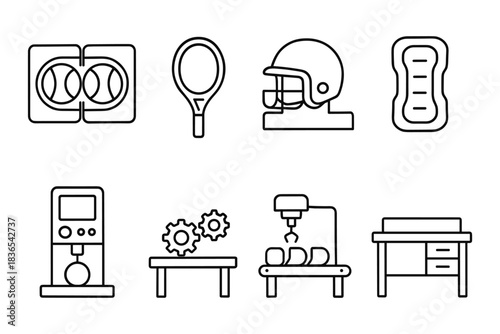 Set of outline icons representing sports equipment and industrial tools