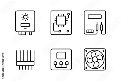 Minimalist outline icons of electronic components and circuit elements