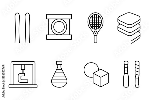 Collection of line art icons featuring sports, science, and everyday objects