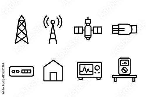 Minimalist technology icons: antennas, satellite, cable, and electronic devices
