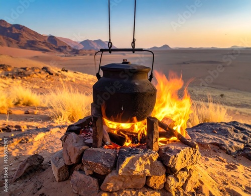 Fototapeta Naklejka Na Ścianę i Meble -  A cooking pot hangs over a fire, casting warm light on a desert landscape during sunset. Sand dunes and mountains are in the distance