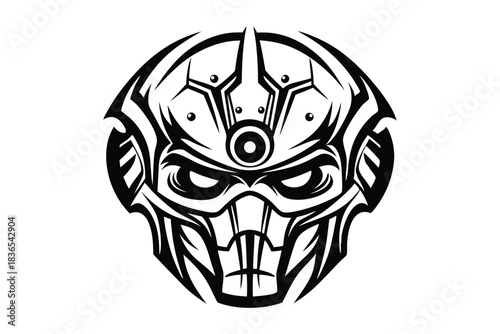 Stylized robot head presents an intense gaze with detailed faceplate and futuristic armor