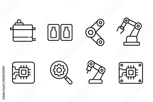 Simple line icons of industrial automation, robotics, and engineering elements