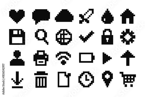 Retro pixel art icons set featuring technology, communication, and everyday symbols
