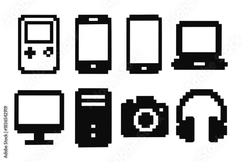 Pixel art icons of electronic devices: phones, laptop, camera, game console