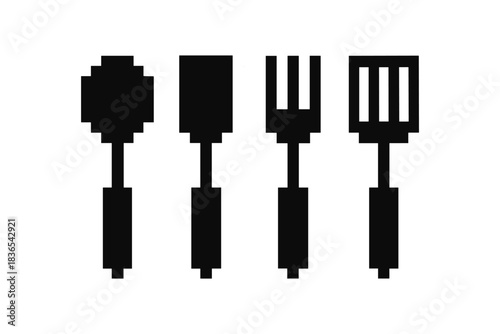 Silhouette kitchen utensils set: spoon, spatula, fork, turner in black design