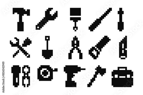 Pixel art tool icons set for diy and construction projects