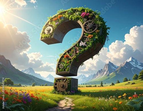A colossal question mark bursts with foliage and gears, floating in a sunny meadow before snow-capped mountains. A path leads up to it