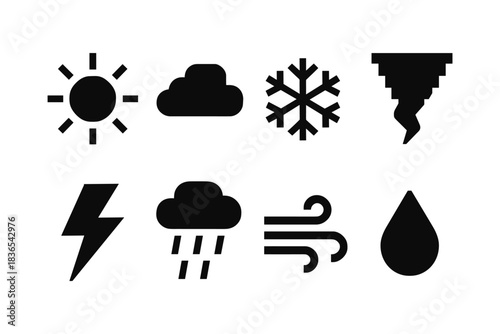 Weather icons set: sun, cloud, snowflake, tornado, lightning, rain, wind, droplet