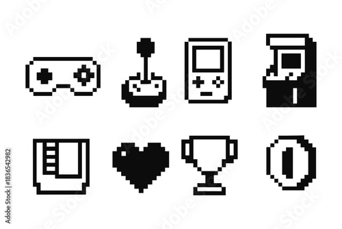 Classic retro gaming icons set in pixel art style