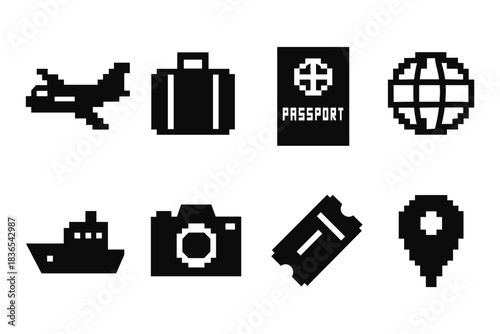 Pixel icons of travel essentials: airplane, luggage, passport, and more