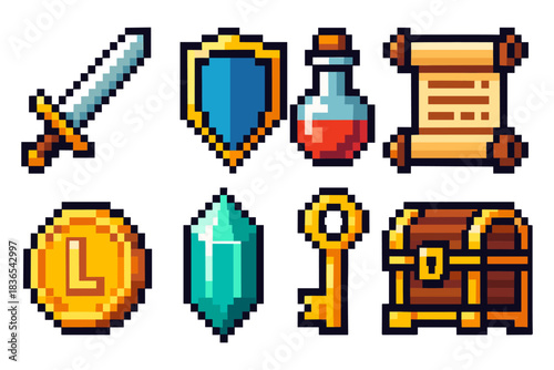 Retro 8-bit game icons featuring sword, shield, potion, scroll, coin, gem, key, treasure chest