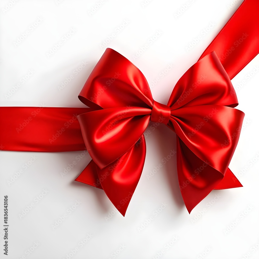 Fototapeta premium bright red satin Christmas ribbon across corner, elegant bow, clean white background, minimal festive style, soft shadow, high-detail fabric texture, premium composition, wide copy space