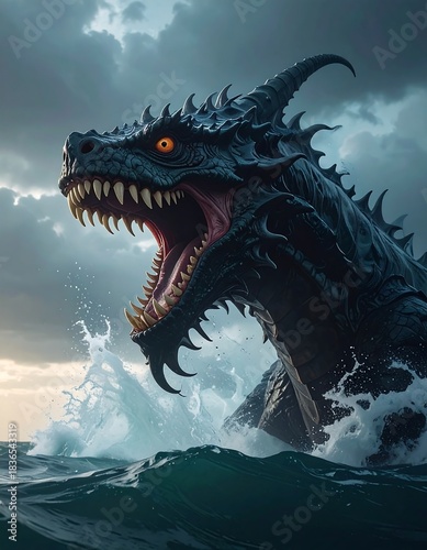 A colossal sea serpent emerges from turbulent waters, its jaws agape, against a dramatic, stormy sky