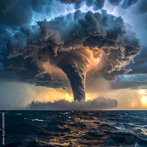 A colossal, spiraling vortex of dark clouds descends over a turbulent ocean. Lightning flashes illuminate the tempestuous sky
