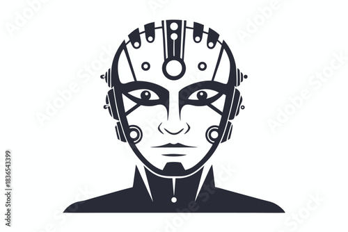 Tribal robot face features prominent blue eyes and two circular forehead augmentations design