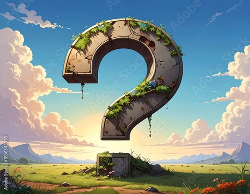 A colossal stone question mark, overgrown with plants, floats above a verdant field under a vast, cloud-filled sky