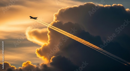 Aircraft ascending through clouds with condensation trails