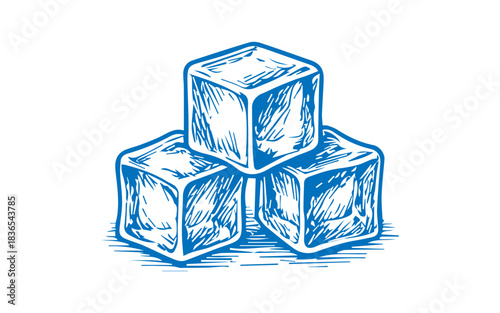 Simple hand drawn ice cube sketch, engraved food illustration.