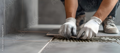 A worker installing ceramic floor tiles, carefully aligning them over adhesive. Gloved hands, tools, and close-up details highlight precision, craftsmanship, and professional construction work.