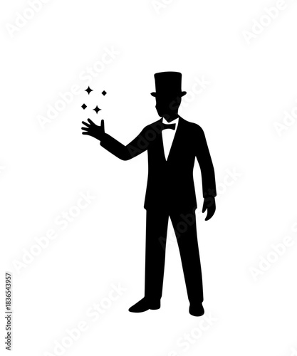 Magician silhouette performing magic trick with sparkle effect